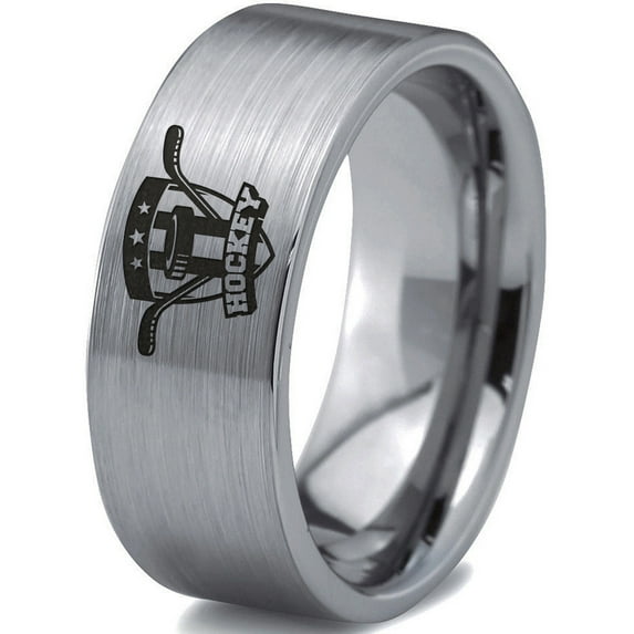 Tungsten Hockey Ring Band Ring 8mm Men Women Comfort Fit Gray Flat Cut Brushed Polished
