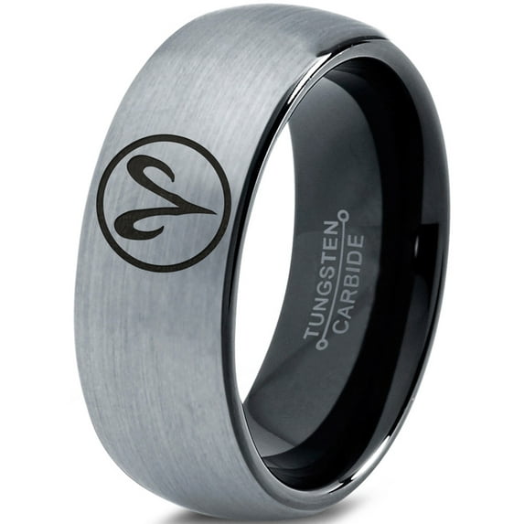 Tungsten Horoscope Aries Band Ring 8mm Men Women Comfort Fit Black Dome Brushed Gray Polished Size 12