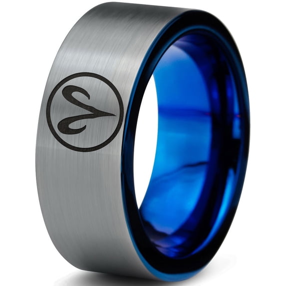 Tungsten Horoscope Aries Band Ring 8mm Men Women Comfort Fit Blue Flat Cut Brushed Gray Polished Size 12.5