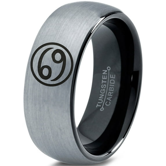 Tungsten Horoscope Cancer Band Ring 8mm Men Women Comfort Fit Black Dome Brushed Gray Polished Size 15