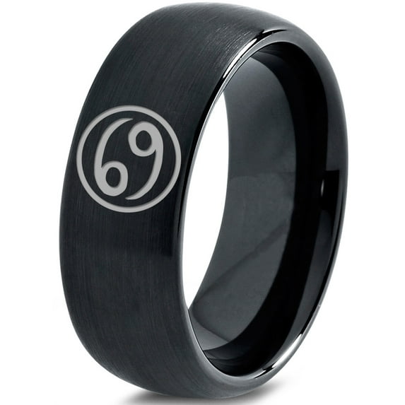 Tungsten Horoscope Cancer Band Ring 8mm Men Women Comfort Fit Black Dome Brushed Polished Size 12.5