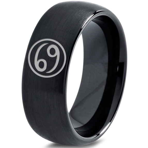 Tungsten Horoscope Cancer Band Ring 8mm Men Women Comfort Fit Black Dome Brushed Polished Size 9.5
