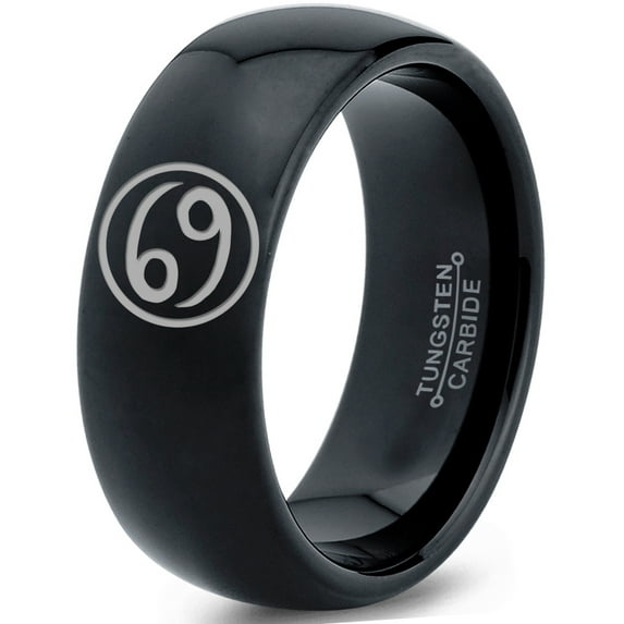 Tungsten Horoscope Cancer Band Ring 8mm Men Women Comfort Fit Black Dome Polished Size 10