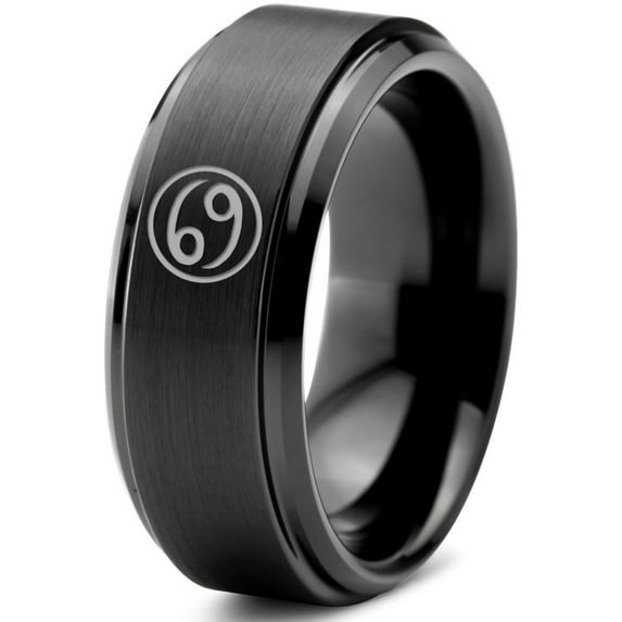 Tungsten Horoscope Cancer Band Ring 8mm Men Women Comfort Fit Black Step Bevel Edge Brushed Polished Size 5.5