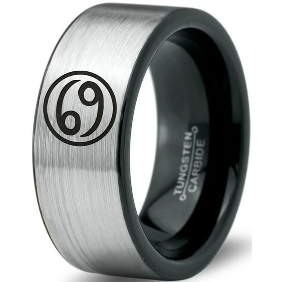 Tungsten Horoscope Cancer Band Ring 8mm Men Women Comfort Fit Brushed Gray Flat Cut Black Polished Size 10.5