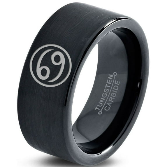 Tungsten Horoscope Cancer Band Ring 9mm Men Women Comfort Fit Black Flat Cut Brushed Polished Size 15