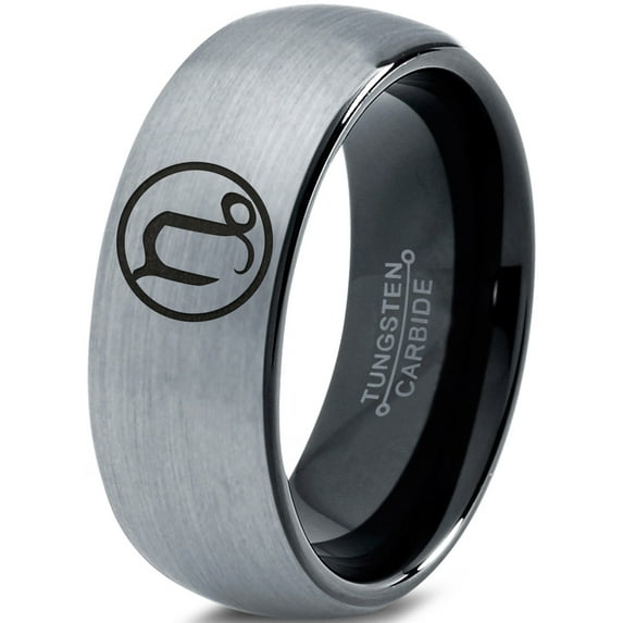 Tungsten Horoscope Capricorn Band Ring 8mm Men Women Comfort Fit Black Dome Brushed Gray Polished