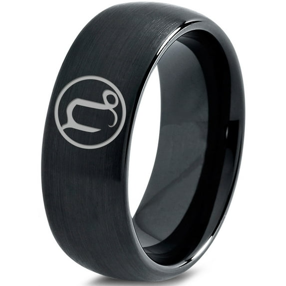 Tungsten Horoscope Capricorn Band Ring 8mm Men Women Comfort Fit Black Dome Brushed Polished