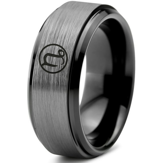 Tungsten Horoscope Capricorn Band Ring 8mm Men Women Comfort Fit Black Step Bevel Edge Brushed Gray Polished