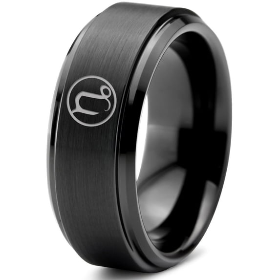 Tungsten Horoscope Capricorn Band Ring 8mm Men Women Comfort Fit Black Step Bevel Edge Brushed Polished