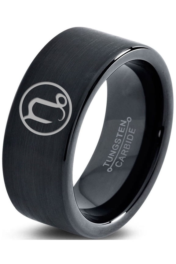 Tungsten Horoscope Capricorn Band Ring 9mm Men Women Comfort Fit Black Flat Cut Brushed Polished
