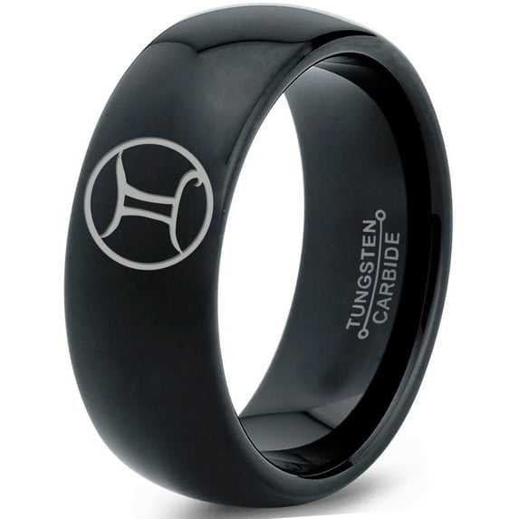 Tungsten Horoscope Gemini Band Ring 8mm Men Women Comfort Fit Black Dome Polished Size 15