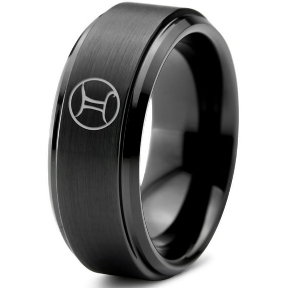 Tungsten Horoscope Gemini Band Ring 8mm Men Women Comfort Fit Black Step Bevel Edge Brushed Polished Size 5
