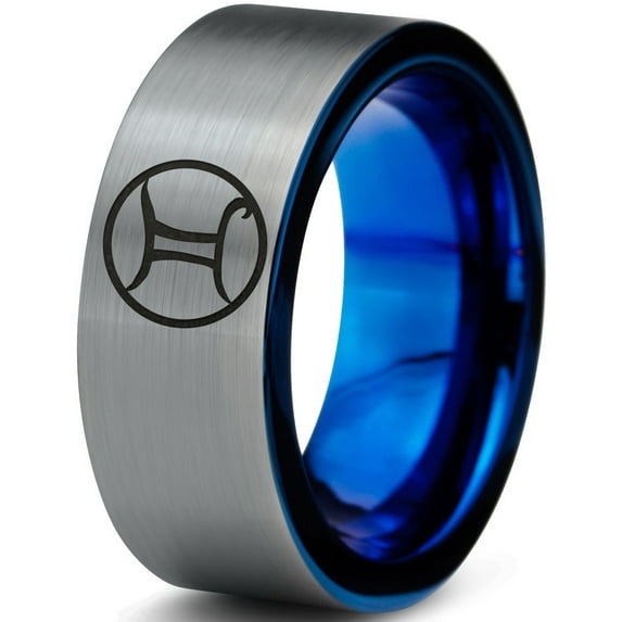 Tungsten Horoscope Gemini Band Ring 8mm Men Women Comfort Fit Blue Flat Cut Brushed Gray Polished Size 15