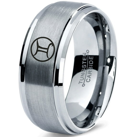 Tungsten Horoscope Gemini Band Ring 8mm Men Women Comfort Fit Gray Step Bevel Edge Brushed Polished Size 13