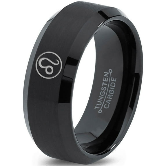 Tungsten Horoscope Leo Band Ring 8mm Men Women Comfort Fit Black Beveled Edge Brushed Polished Size 12