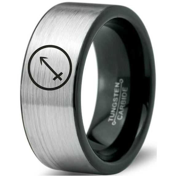 Tungsten Horoscope Sagitarius Band Ring 8mm Men Women Comfort Fit Brushed Gray Flat Cut Black Polished