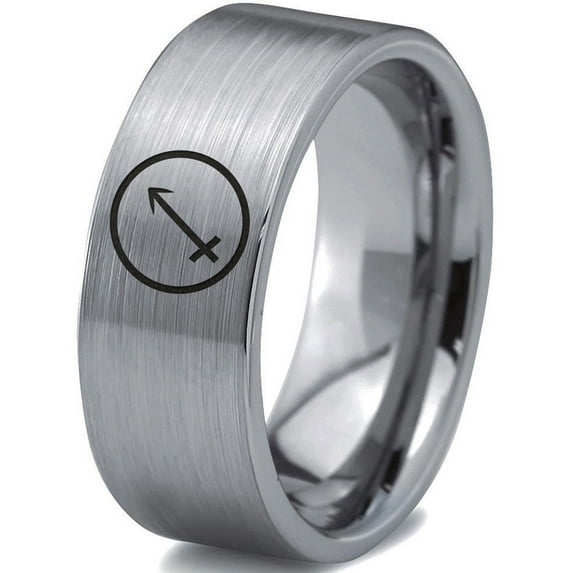 Tungsten Horoscope Sagitarius Band Ring 8mm Men Women Comfort Fit Gray Flat Cut Brushed Polished