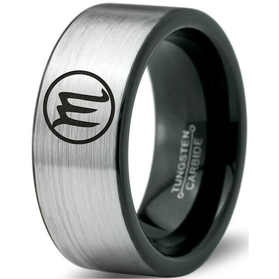Tungsten Horoscope Scorpio Band Ring 8mm Men Women Comfort Fit Brushed Gray Flat Cut Black Polished