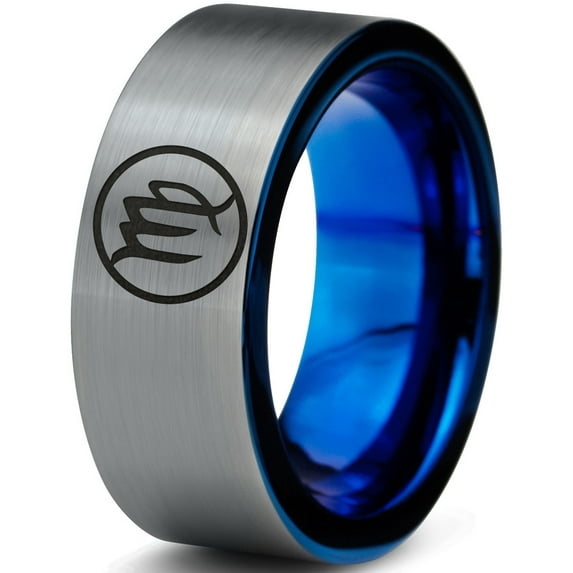 Tungsten Horoscope Virgo Band Ring 8mm Men Women Comfort Fit Blue Flat Cut Brushed Gray Polished Size 5.5