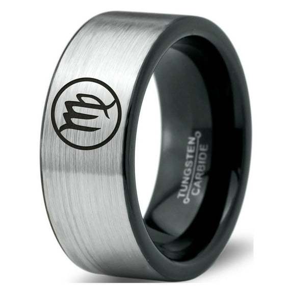 Tungsten Horoscope Virgo Band Ring 8mm Men Women Comfort Fit Brushed Gray Flat Cut Black Polished Size 6.5