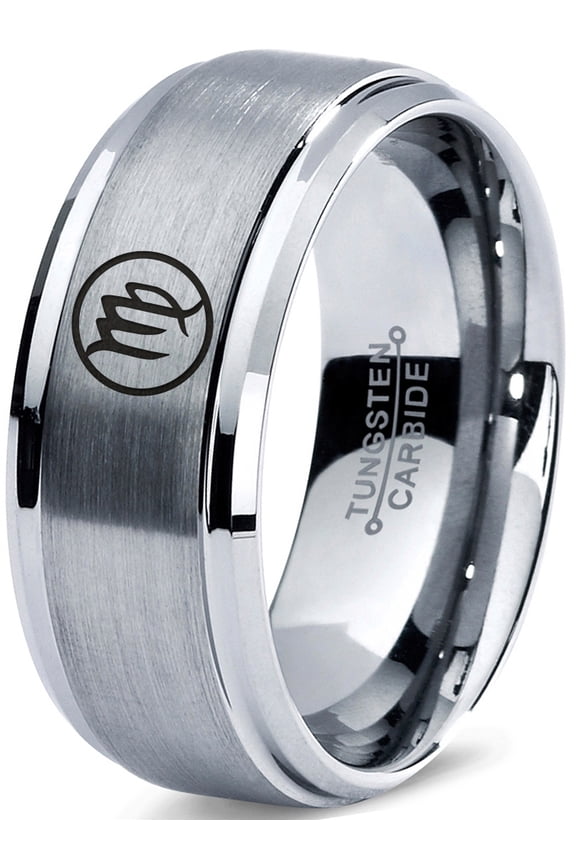 Tungsten Horoscope Virgo Band Ring 8mm Men Women Comfort Fit Gray Step Bevel Edge Brushed Polished Size 6.5