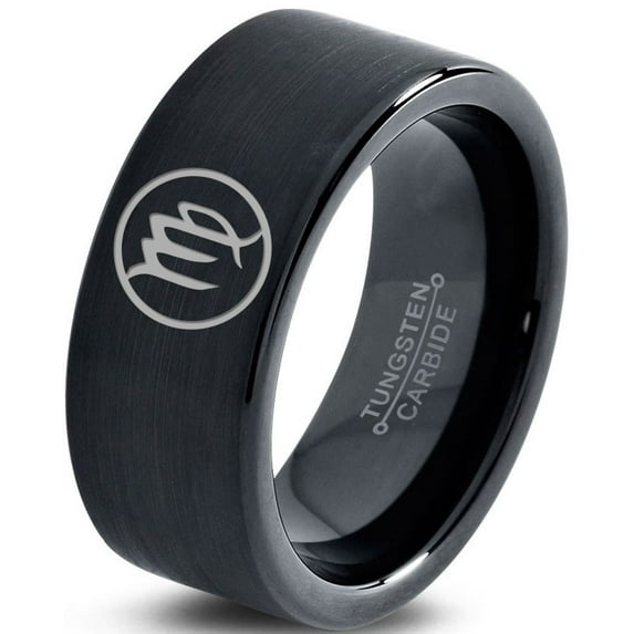 Tungsten Horoscope Virgo Band Ring 9mm Men Women Comfort Fit Black Flat Cut Brushed Polished Size 11.5