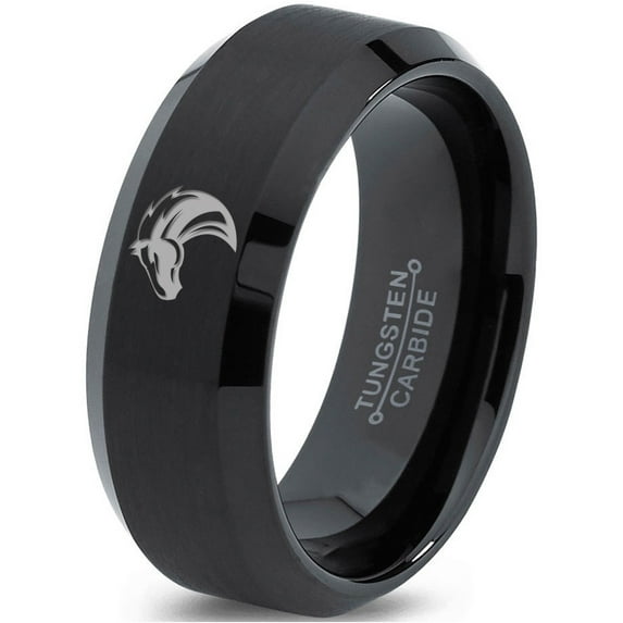 Tungsten Horse Bronco Equestrian Band Ring 8mm Men Women Comfort Fit Black Beveled Edge Brushed Polished