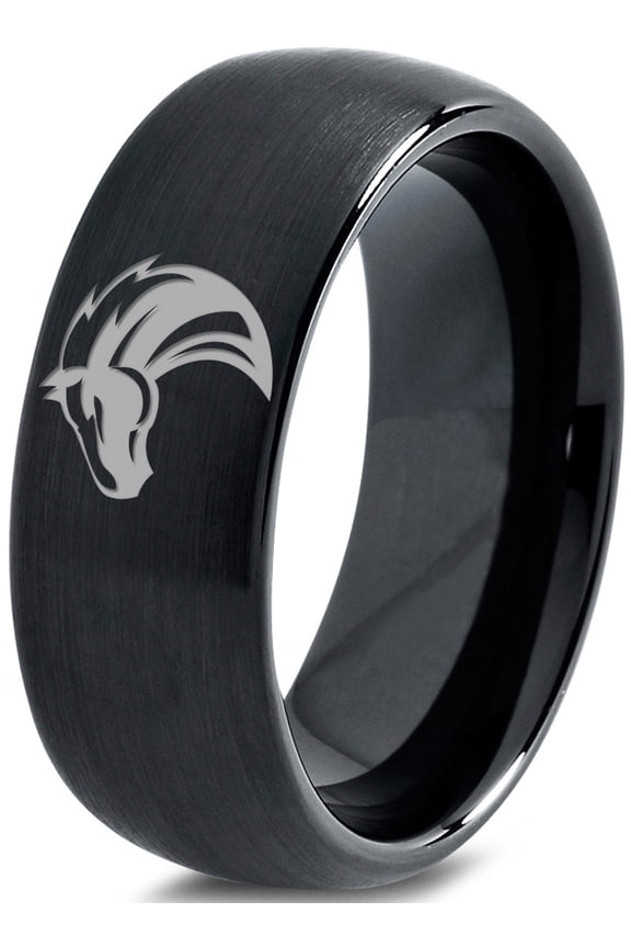 Tungsten Horse Bronco Equestrian Band Ring 8mm Men Women Comfort Fit Black Dome Brushed Polished