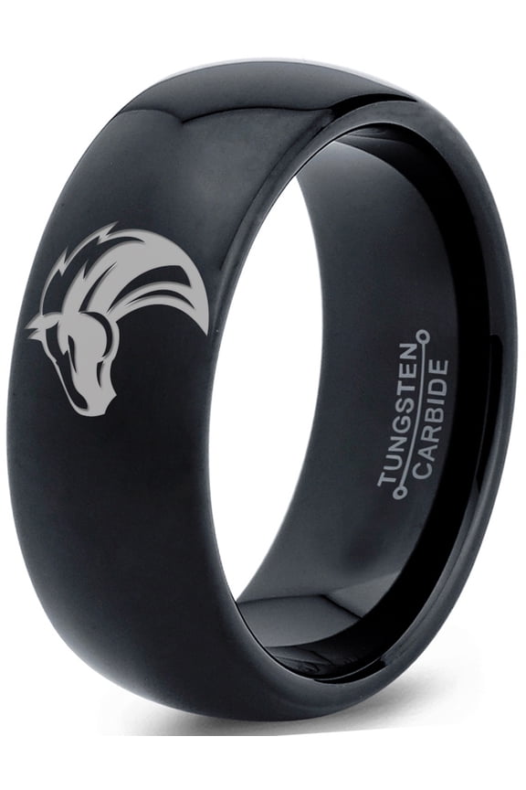 Tungsten Horse Bronco Equestrian Band Ring 8mm Men Women Comfort Fit Black Dome Polished