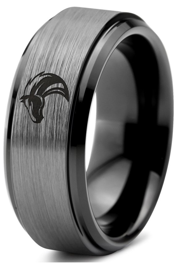 Tungsten Horse Bronco Equestrian Band Ring 8mm Men Women Comfort Fit Black Step Bevel Edge Brushed Gray Polished