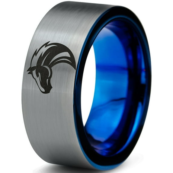 Tungsten Horse Bronco Equestrian Band Ring 8mm Men Women Comfort Fit Blue Flat Cut Brushed Gray Polished