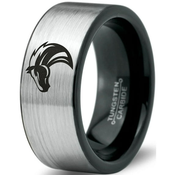 Tungsten Horse Bronco Equestrian Band Ring 8mm Men Women Comfort Fit Brushed Gray Flat Cut Black Polished