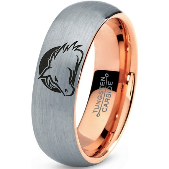 Tungsten Horse Horses Equestrian Equine Equidae Band Ring 7mm Men Women Comfort Fit 18k Rose Gold Dome Brushed Gray Polished