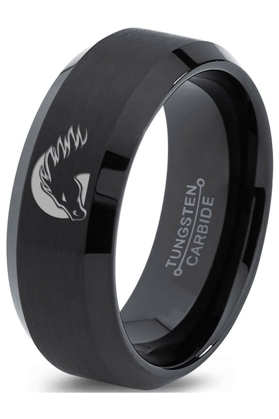 Tungsten Horse Horses Equestrian Equine Equidae Band Ring 8mm Men Women Comfort Fit Black Beveled Edge Brushed Polished
