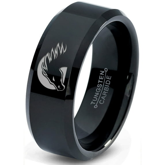 Tungsten Horse Horses Equestrian Equine Equidae Band Ring 8mm Men Women Comfort Fit Black Beveled Edge Polished