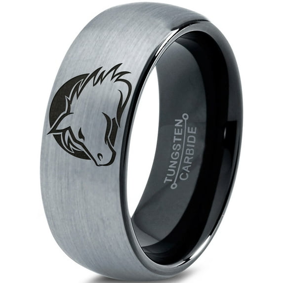 Tungsten Horse Horses Equestrian Equine Equidae Band Ring 8mm Men Women Comfort Fit Black Dome Brushed Gray Polished