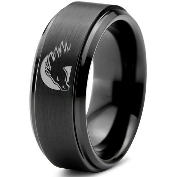 Tungsten Horse Horses Equestrian Equine Equidae Band Ring 8mm Men Women Comfort Fit Black Step Bevel Edge Brushed Polished