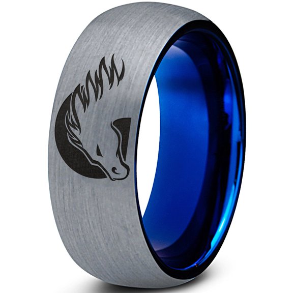 Tungsten Horse Horses Equestrian Equine Equidae Band Ring 8mm Men Women Comfort Fit Blue Dome Brushed Gray Polished
