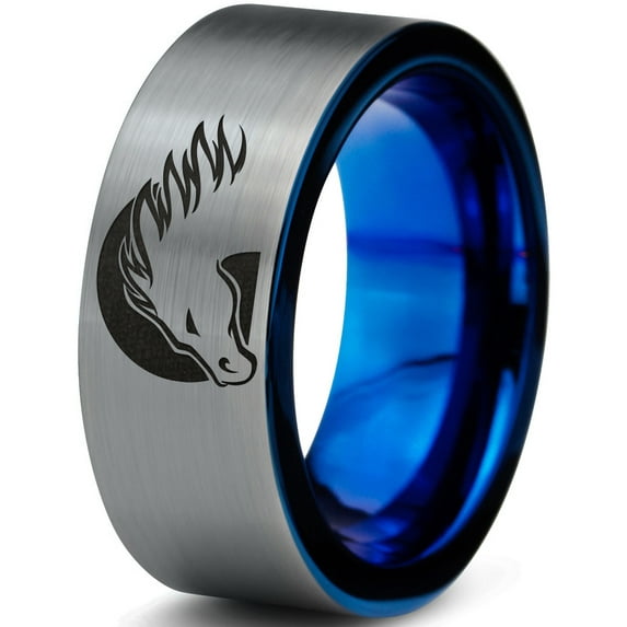 Tungsten Horse Horses Equestrian Equine Equidae Band Ring 8mm Men Women Comfort Fit Blue Flat Cut Brushed Gray Polished