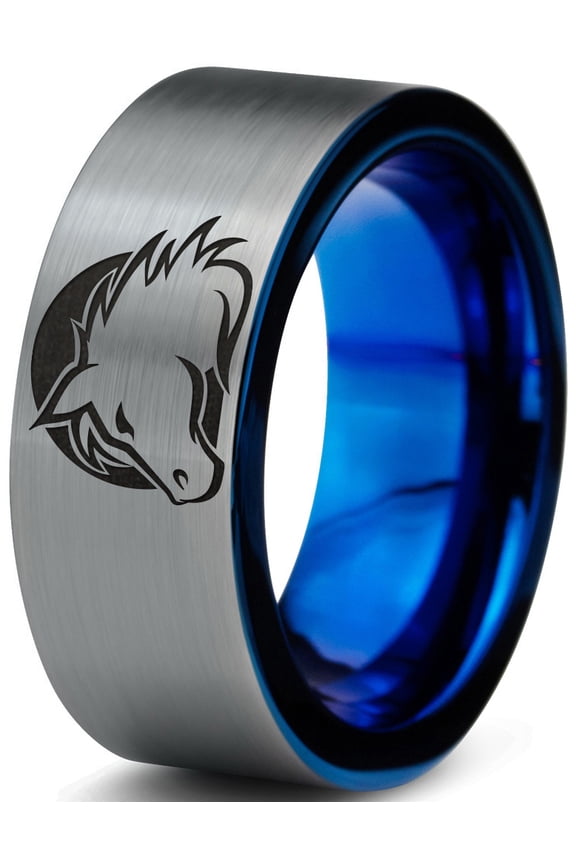 Tungsten Horse Horses Equestrian Equine Equidae Band Ring 8mm Men Women Comfort Fit Blue Flat Cut Brushed Gray Polished