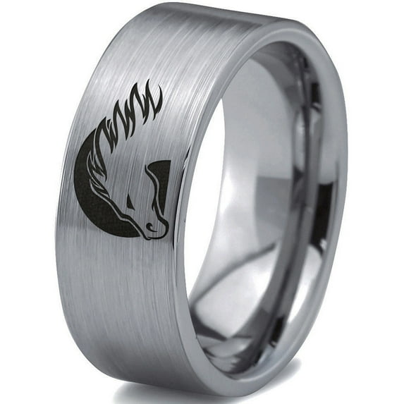 Tungsten Horse Horses Equestrian Equine Equidae Band Ring 8mm Men Women Comfort Fit Gray Flat Cut Brushed Polished