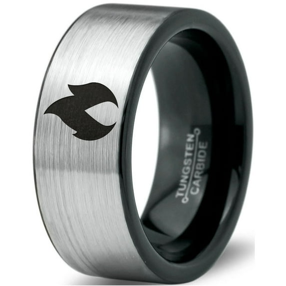 Tungsten Hot Fire Flame Emblem Band Ring 8mm Men Women Comfort Fit Brushed Gray Flat Cut Black Polished