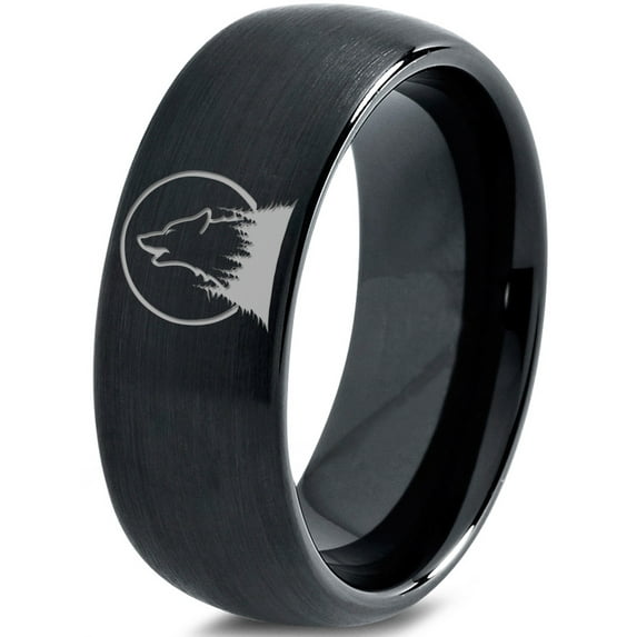 Tungsten Howl At The Moon Wolf Wild Soul Band Ring 8mm Men Women Comfort Fit Black Dome Brushed Polished