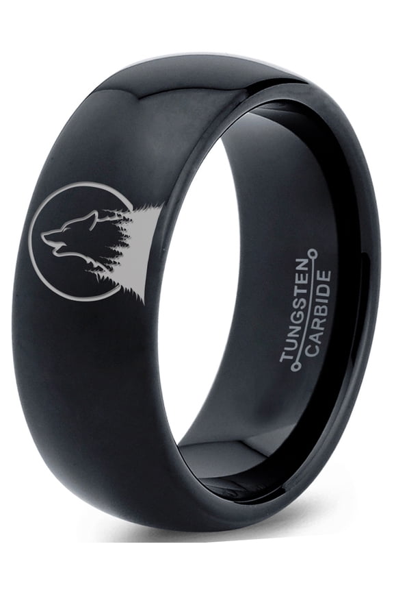 Tungsten Howl At The Moon Wolf Wild Soul Band Ring 8mm Men Women Comfort Fit Black Dome Polished