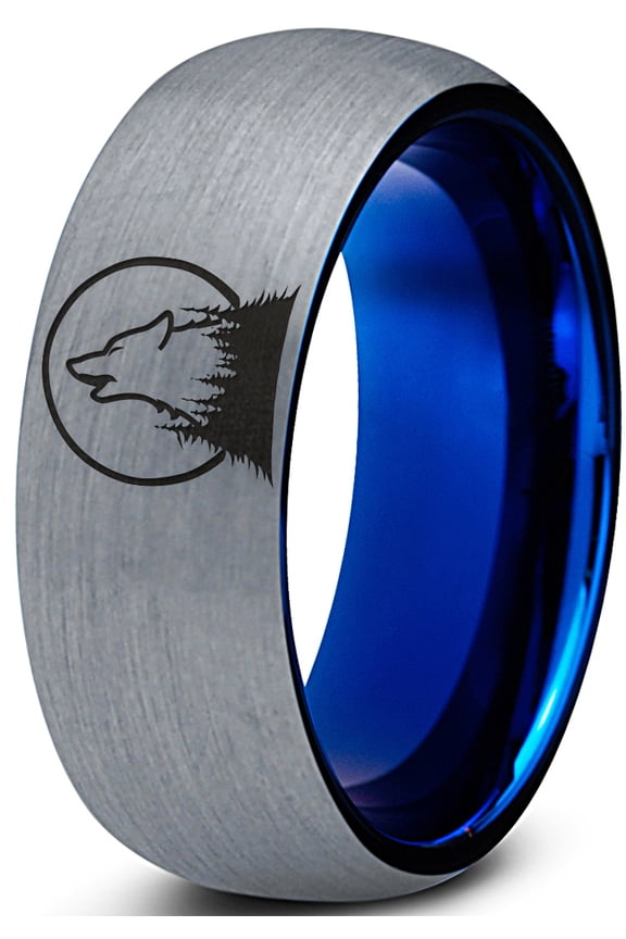 Tungsten Howl At The Moon Wolf Wild Soul Band Ring 8mm Men Women Comfort Fit Blue Dome Brushed Gray Polished