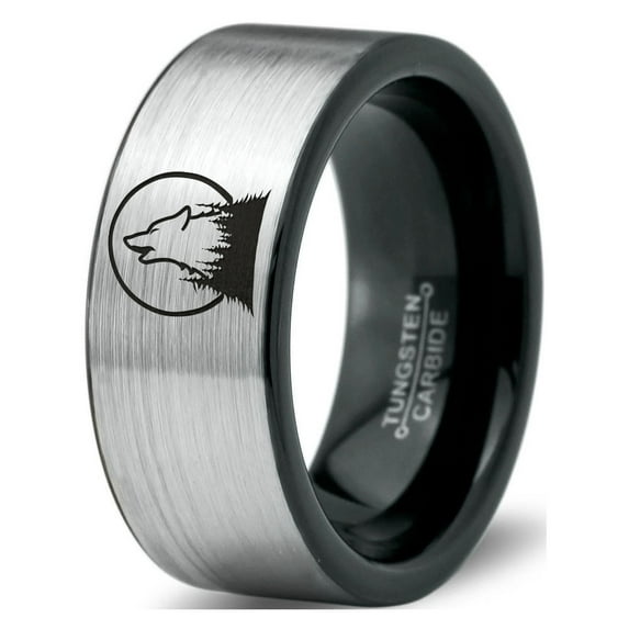 Tungsten Howl At The Moon Wolf Wild Soul Band Ring 8mm Men Women Comfort Fit Brushed Gray Flat Cut Black Polished