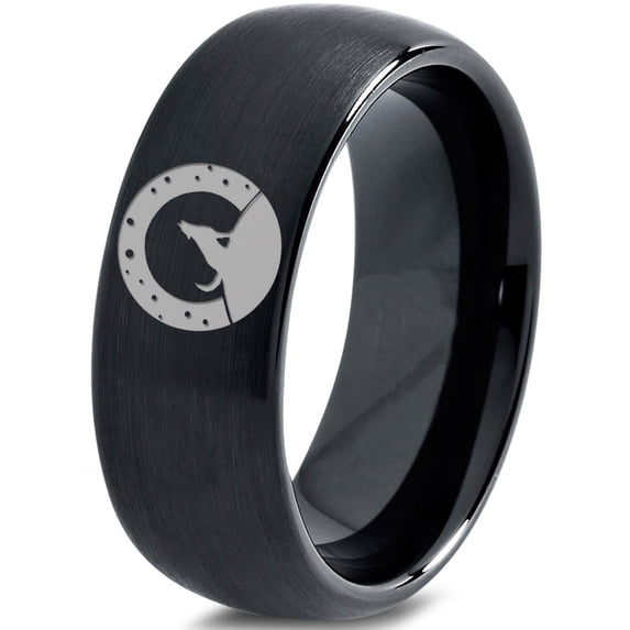 Tungsten Howling WolfBand Ring 8mm Men Women Comfort Fit Black Dome Brushed Polished