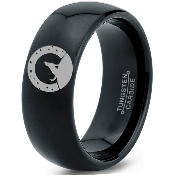 Tungsten Howling WolfBand Ring 8mm Men Women Comfort Fit Black Dome Polished