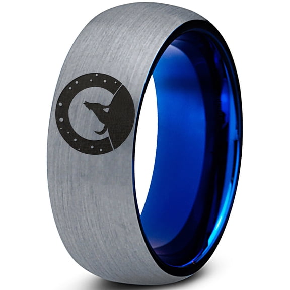 Tungsten Howling WolfBand Ring 8mm Men Women Comfort Fit Blue Dome Brushed Gray Polished